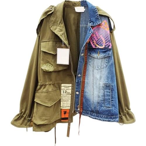 2020 Spring Autumn High Quality Lapel Long Sleeve Fake Two Piece Denim Patchwork Vintage Coat Women Jacket