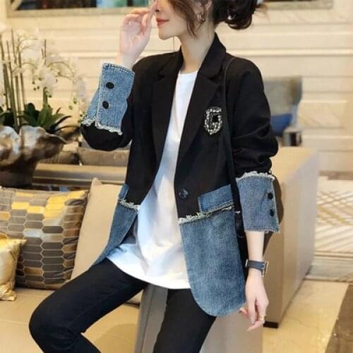 Suit Stitching Vintage Long Sleeve Denim Jacket Women 2021 New Spring Autumn Korean Fashion Loose All-Match BF Jeans Coat Female