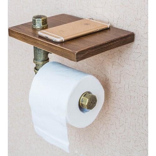 20*15cm Industrial Iron Pipe Wall Mounted Toilet Paper Holder Kitchen Towel Rack Roll Paper Tissue Holder with Wood Shelf