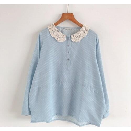 5 Macaro Colors -- Lamtrip Sweet Polka Dots Soft Cotton Yarn Lace Peter Pan Collar Long Sleeve Shirt Blouse 2021 New