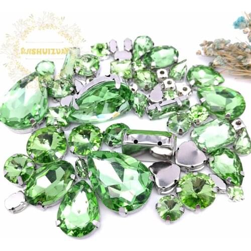 58pcs 10shapes 25sizes Mix Light green shape and sizes Glass Crystal rhinestones silvery bottom DIY Clothing accessories