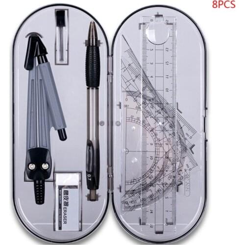 8pcs Portable Precision Geometry Protractor Drawing Compass Ruler Pencil Essentials Math Study Tool