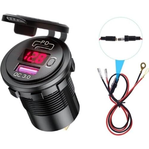Type C PD QC3.0 USB 12V Automobile Fast Car Charger with LED Voltmeter On Off Switch for t.u.k.Motorcycles Marines UTV