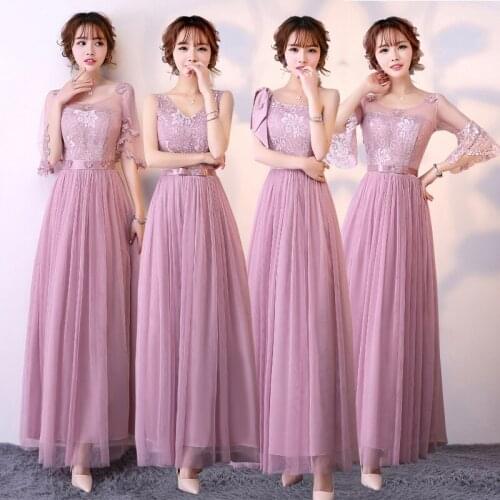 Promotion Bride sisters Long Bridesmaid Dresses short sleeve graduation Pink Gray cheap Bridesmaid Dress