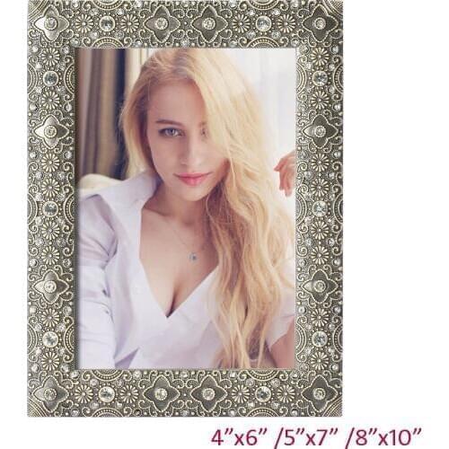 European Antique Bronze Silver White with Clear Rhinestones Jeweled Solid Flowers Design 4x6,5x7,8x10 inches Metal Picture Frame