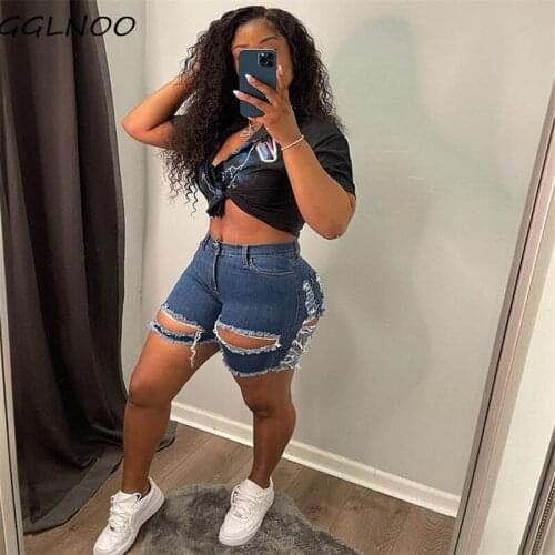 GGLNOO Women Ripped Zipper Fly Denim Shorts Fashion Streetwear Cut Out Skinny Short Jeans Summer 2021