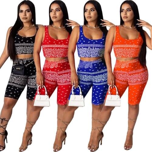 Echoine Printed Sleeveless Tank Crop Top Shorts Set Two Piece Set Sexy Tracksuit Women Matching Set Clubwear Outfits Streetwear