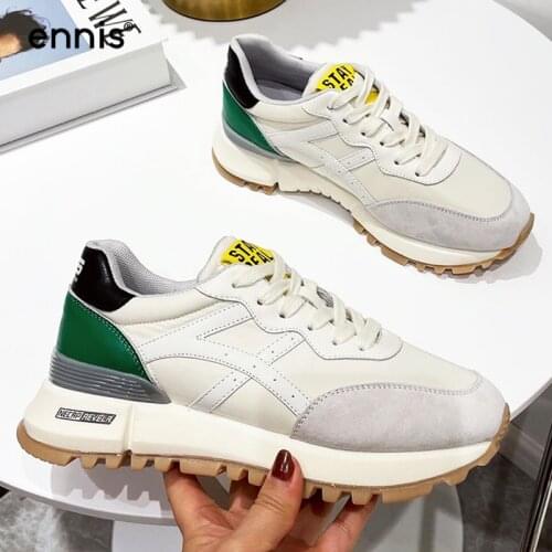 ENNIS New Womens Fashion Sneakers Suede Leather Lace Up Ladies Running Shoes Spring 2021 Thick Bottom Casual Shoes Light Y101
