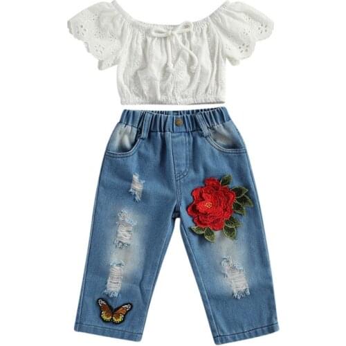 BabyOff Girl Shoulder Lace Hollow Out Shirt Flower Butterfly Embroidery Jeans 2pcs Toddlers Girl Clothes