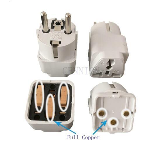 Copper 3Pin Real Ground Pole UK AU US to EU AC Power Socket Plug Travel Adaptor Converter