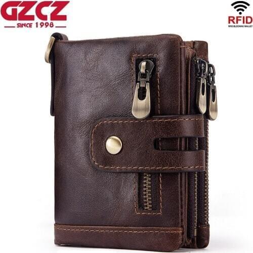 100% Genuine Leather Men Wallet Rfid Coin Purse Small Mini Card Holder Chain PORTFOLIO Portomonee Male Walet Pocket