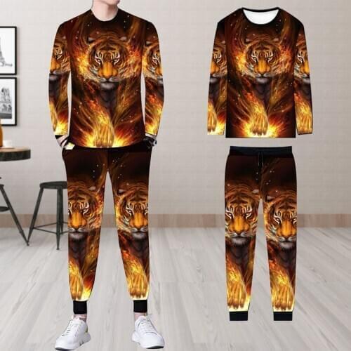 2021 new youth long-sleeved T-shirt + trousers 2-piece suit mens casual loose large size 3D tiger print mens suit
