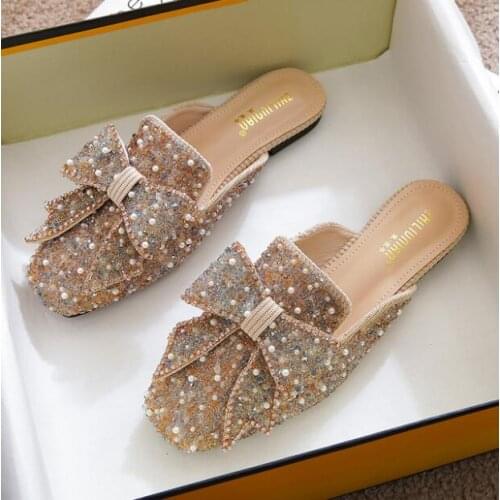 New Crystal Ladies Slippers Mules Slides Slippers Women Shoes Bow Knot Square toe Square Flat Shoes Woman Slipper