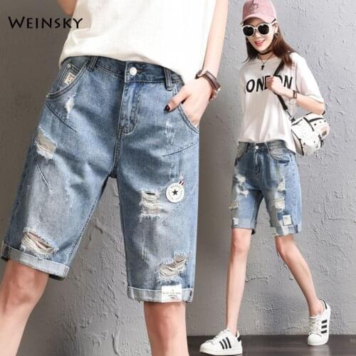 New Women Fashion Denim Shorts Plus Size Summer Casual Style Ripped Knee Length Jeans