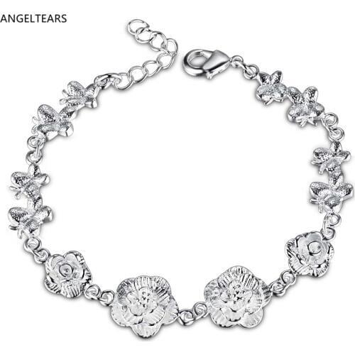 Wholesale Cheap Silver Color Flowers Charms Bracelets & Bangles Women Girls Fashion Party Jewelry Christmas Gifts pulseira