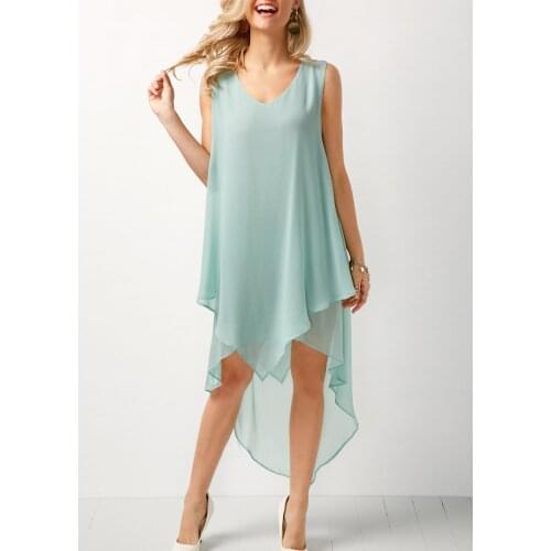 Sakazy Casual A-line Solid color Sleeveless Irregular Chiffon Knee-length Regular Natural V-neck Summer Dress Show high and show