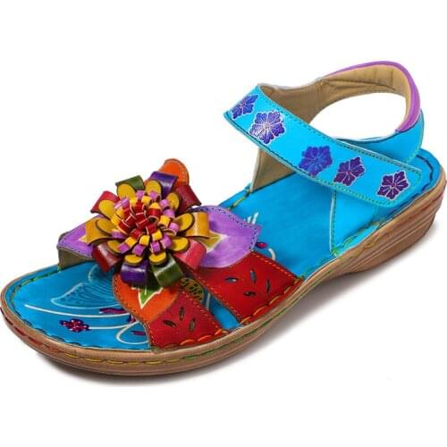Comfy Hand Painted Genuine Leather Floral Splicing Buckle Hook Loop Sandals Retro Summer Shoes New Ladies Shoes New