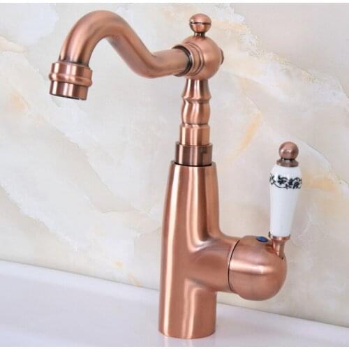 Antique Red Copper Bathroom Sink Faucet Swivel Spout Basin Mixer Tap Deck Mounted Lnf629