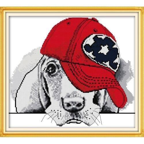 A dog with a red cap cross stitch kit aida 14ct 11ct count print canvas stitches embroidery DIY handmade
