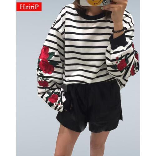 HziriP Autumn Harajuku Hoodies Roses Embroidery Lantern Sleeve Loose Striped Women Sweatshirt Girl Vintage Elegant Casual Tops