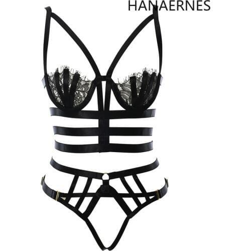 HANAERNES Crop top open chest cage harness bra fetish wear bottom panties body harness sexy lingerie bondage harness body suit