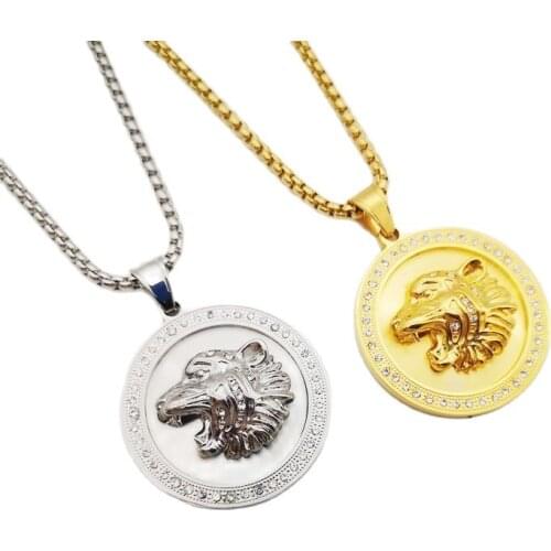 2020 AW Hip hop punk tiger medal pendant necklace Stainless steel Bling Bling rhinestones animal tiger necklace fashion jewelry