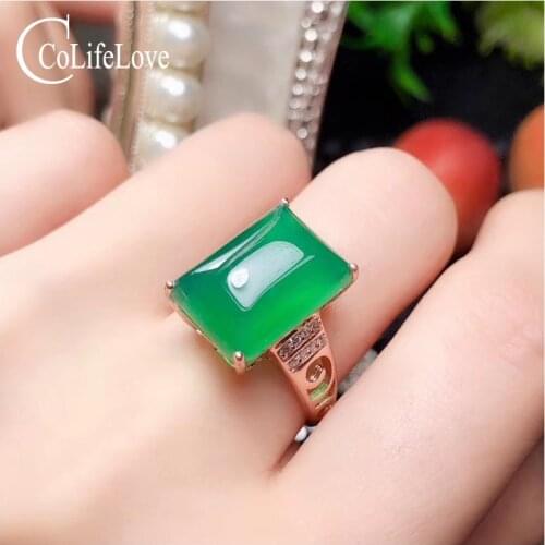 CoLife Jewelry 925 Silver Chalcedony Ring for Party 10*14mm Natural Green Chalcedony Silver Ring Gift for Woman Free Jewelry Box