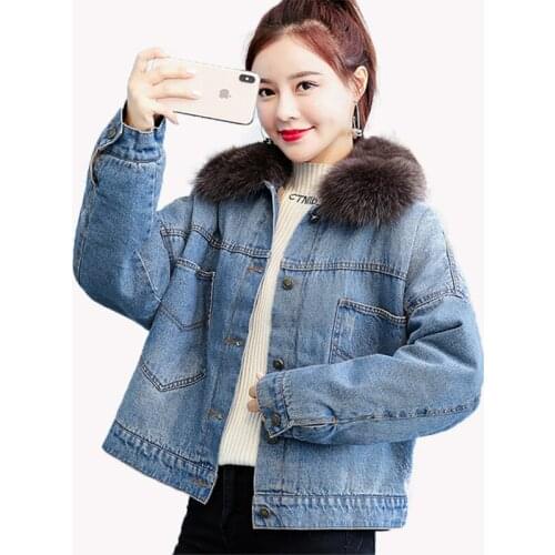 2019 Winter New Parka Coat Plush Thick Denim Jacket Women Long Sleeve Warm Big Fur Collar Motorcycle Jacket Woman Cotton Jacket