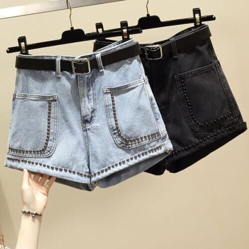 Femme jeans Plus size fat denim shorts female 2020 summer loose beaded high waist Embroidered Flares wide-leg hot short pants
