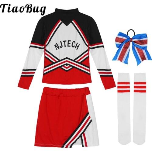 Women Schoolgirl Cheerleader Long Sleeves Costume Uniform Halloween Outfit Dress Bowknot Headwear Stocking