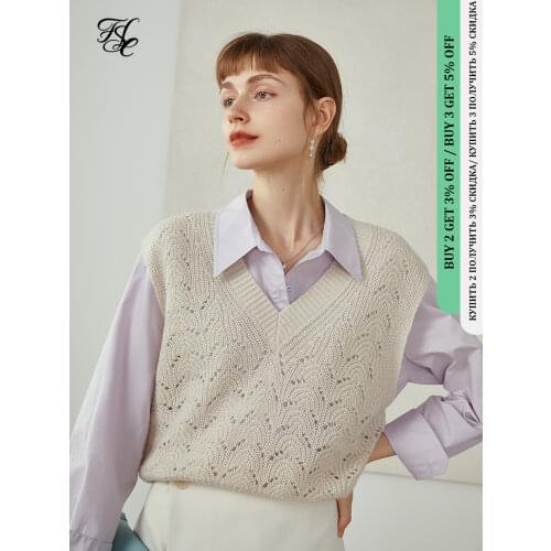FANSILANEN Waistcoat Vest Women V-neck Knitted Vest Creamy-white Hollow Outer Vest Solid Color Hedging Vest Women Pullovers