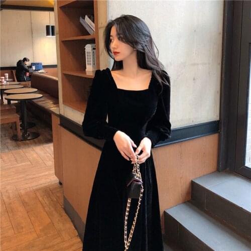 Ropa Mujer Verano 2021 Square Neck Velvet Long-Sleeved Slim Sexy Midi Dress Vestido De Fiesta De Boda Dresses For Women Party