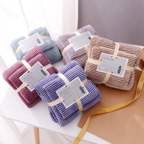 2pcs/Lot Towel Set Coral Fleece Stripe Rectangle Soft Face Bathing Towels Strong Water Absorption Household for Home Bathroom