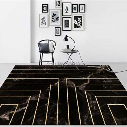 200*300cm Fashion Imitation Black Marble Golden Geometric Line Cushion Bedroom Living Room Non-slip Bedside Carpet Floor Mat