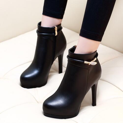 2019 Hot Women 10CM High Heel Pointed Toe Ankle Boots Fashion Side Zipper Dress Boots Short Plush Winter Black Leather Shoes