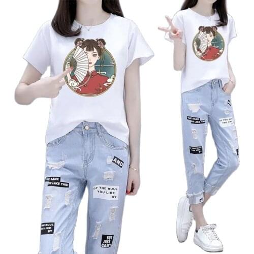 2021New Single Piece/Set Female Summer Short-Sleeved T-Shirt Nine-Point Jeans Loose Two-Piece Women Student Suit Cowboy 2PCS 315