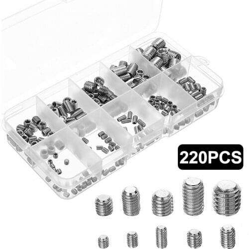 220pcs/set Stainless Steel Hex Head Socket Hex Grub Screw Assorted Point Cup Set Durable Hex Grub Screw Assortment Kit