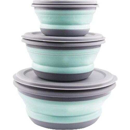 3Pcs/Set Bowl Sets Silicone Folding Lunch Box Folding Bowl Portable Silicone Folding Bowl Foldable Salad Bowl with Lid Blue