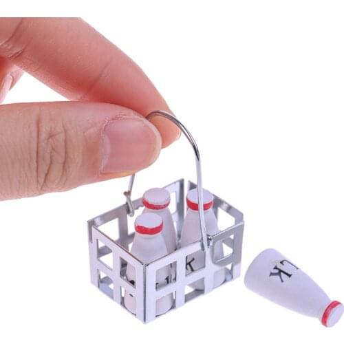 5pcs/Set 1 Metal Milk Basket with 4pcs Bottles Set Dolls House Kitchen Porch Accs Decor 1/12 Doll House Furniture Miniature