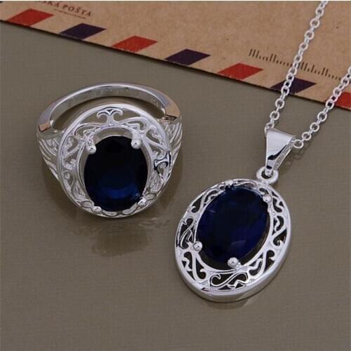 AS547 Hot Sale Silver Plated Color Jewelry Sets For Women Wholesale High Quality Classic Ring 376 + Necklace 880