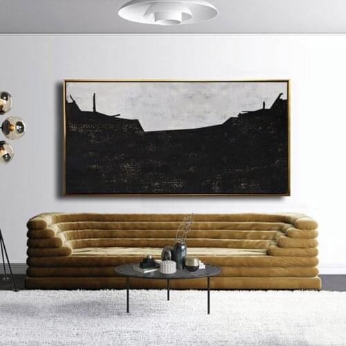 Large Abstract Art Horizontal Painting Wall Art Canvas Painting, Modern Art Black White Minimalist Art Hand Painted