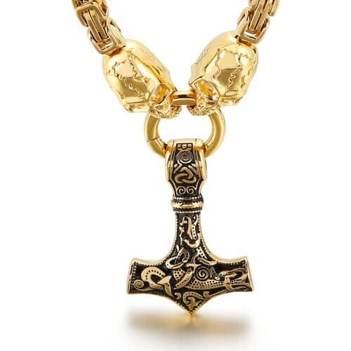 Large Heavy 144g Weight Stainless Steel Vintage Totem Thor Pendant Byzantine Chain Skull Necklace 6mm 28 inch (70cm) For Mens