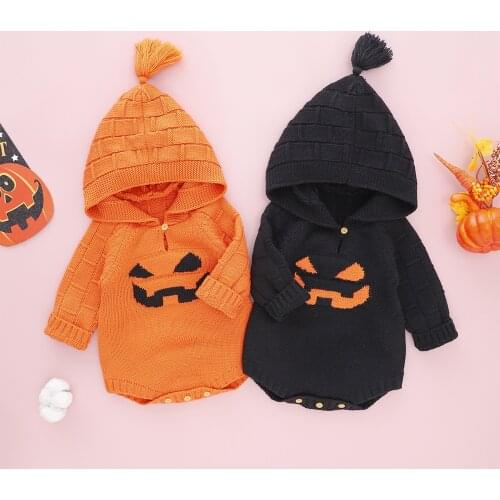 Cute Infant Newborn Baby Halloween Knitted Romper Winter Pumpkin Face Pattern Long Sleeve Hooded Swearter Jumpsuit Costume