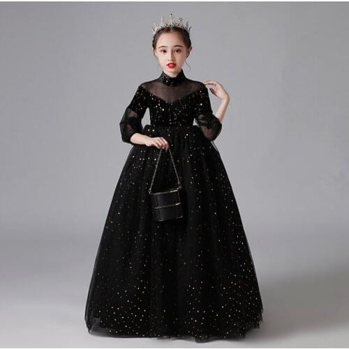 Flower Girl Dresses Illusion Sequined High Three Quarter Princess Floor-Length Tulle Lace Luxury Black Cute Kids Party Gown H635