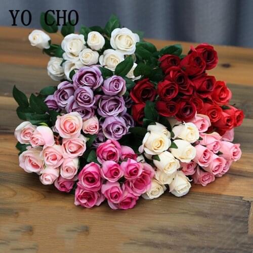 Artificial Flowers Roses Silk Bouquet Small Bunch Artificial Rose Bridal Bouquet Wedding Home Vase DIY Decor Fake Flowers White