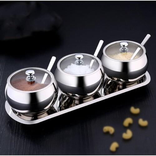 Kitchen Stainless Steel Sugar Bowl With Lid And Spoon Portable Sugar Box Container Cooking Seasoning Jar Storage Bottle WY72009