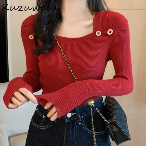 Kuzuwata Chic Button Pleated Square Collar Clavicle Exposed Pullovers Spring Autumn Bottoming Women Sweaters All-match Knit Tops