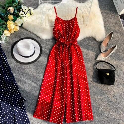 Summer Boho Polka Dot Rompers Women Slim with Belt Bandage Loose One Piece Outfit Woman Fashion Wide Leg Chiffon Jumpsuits