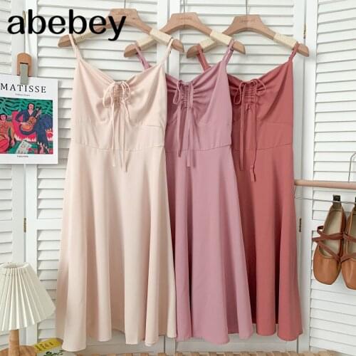 Sweet V-neck sleeveless off shoulder Dress drawstring bandage high waist pleated mid-length A-line strap Dress 2021 New Summer