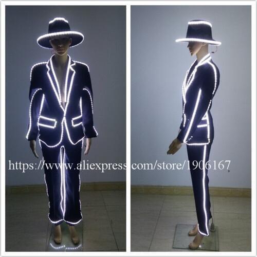 FashionLed Tuxedo Stage Performance Clothes With Hat Led Ballroom Costumes Sexy Lady Clothes Party Luminous Singer Dancer Dress